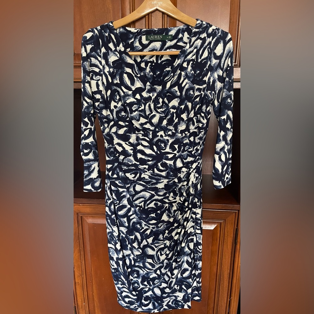Lauren Ralph Lauren Navy & White Long Sleeve Ruched Sheath Dress
